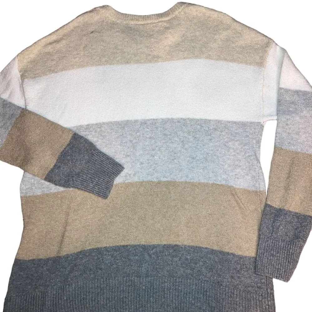 TIME & TRU BEIGE GRAY WHITE STRIPED LONG SLEEVE PULLOVER SWEATER XL (16-18)